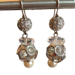 Rhinestone & Pearl Silver Cluster Pierced Drop Earrings